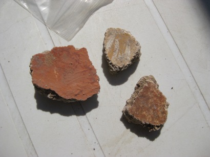 We have found a lot of painted plaster in various colours, such as plum, red, orange, and yellow.